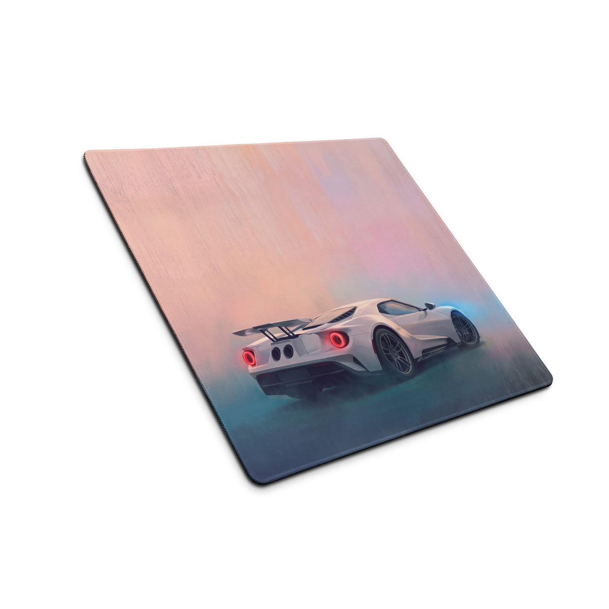 Ford GT inspired pure white rectangular desk pad with ultra glide stitched edge and pink blue gradient background