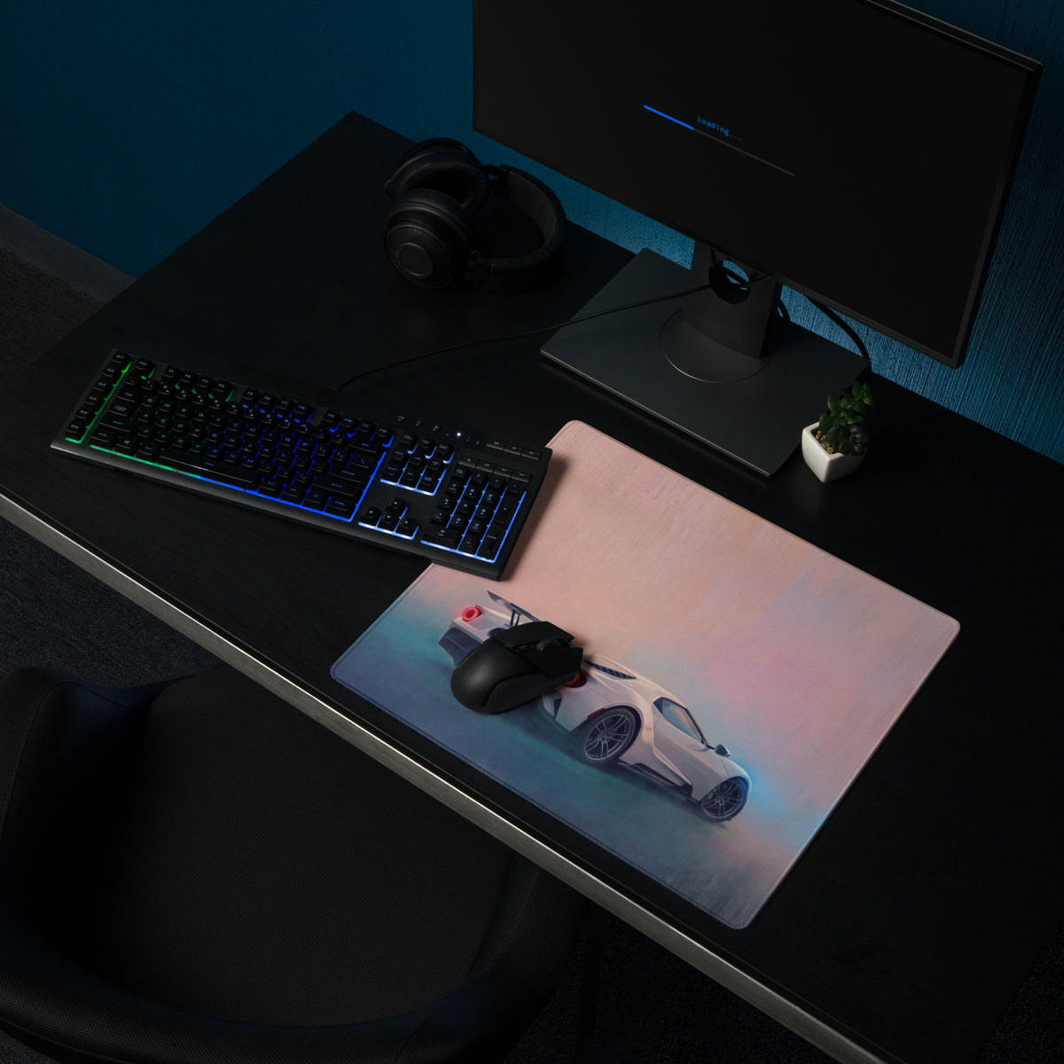 A sleek rectangular ford gt inspired pure white gaming mousepad with vibrant white sports car and stitched edges