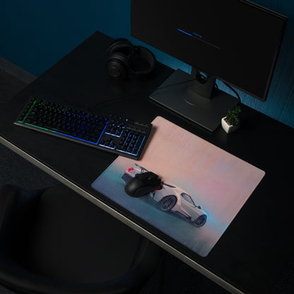 A sleek rectangular ford gt inspired pure white gaming mousepad with vibrant white sports car and stitched edges