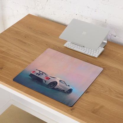 Rectangular ford gt inspired pure white desk pad with stitched edge and glowing red taillight sports car design