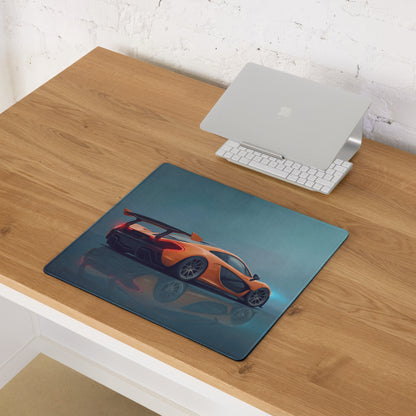 Orange McLaren P1 sports car graphic printed on a low-friction cloth rectangular mousepad with a dark teal background