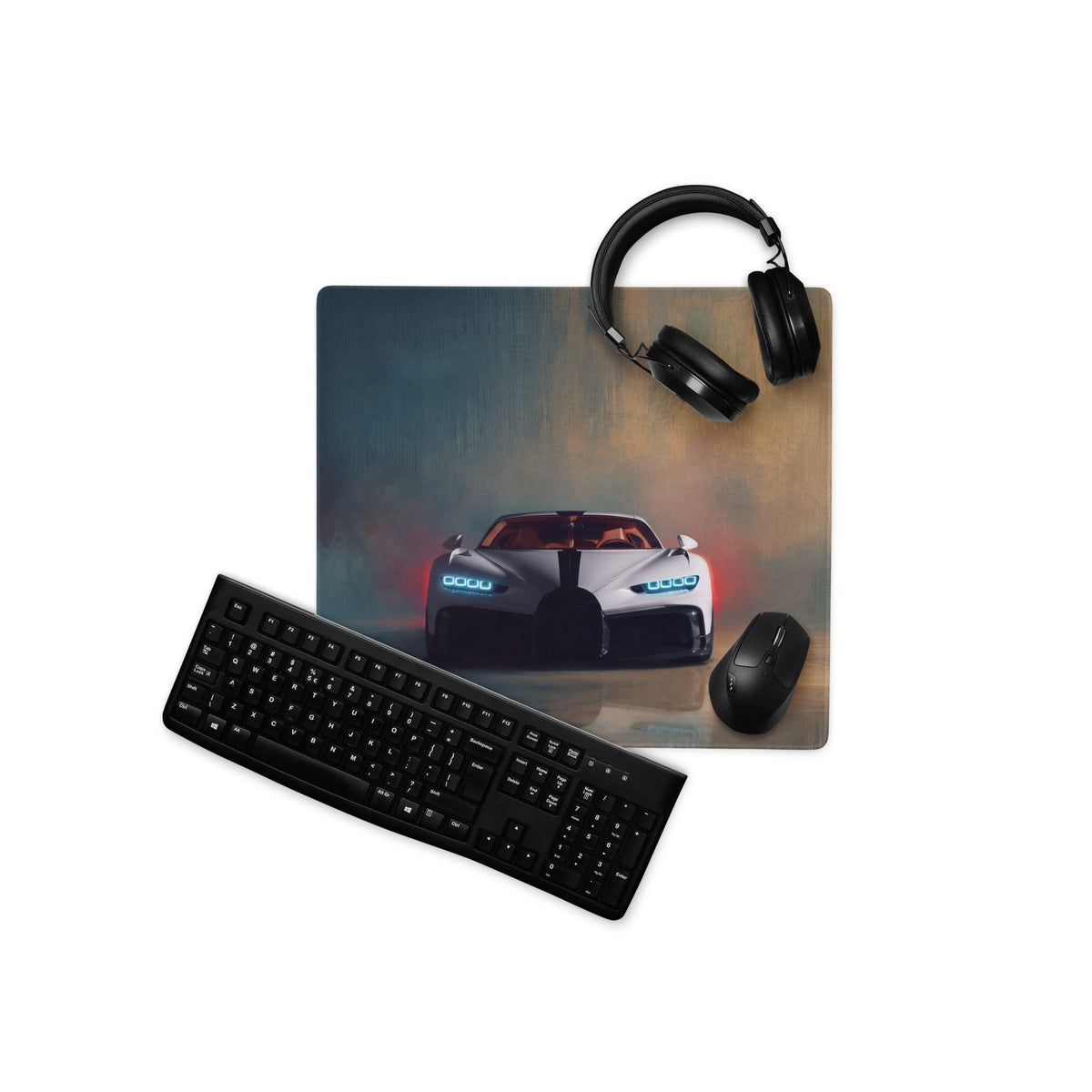 Black keyboard with silver accents on a bugatti chiron inspired pearl white extended non slip desk pad