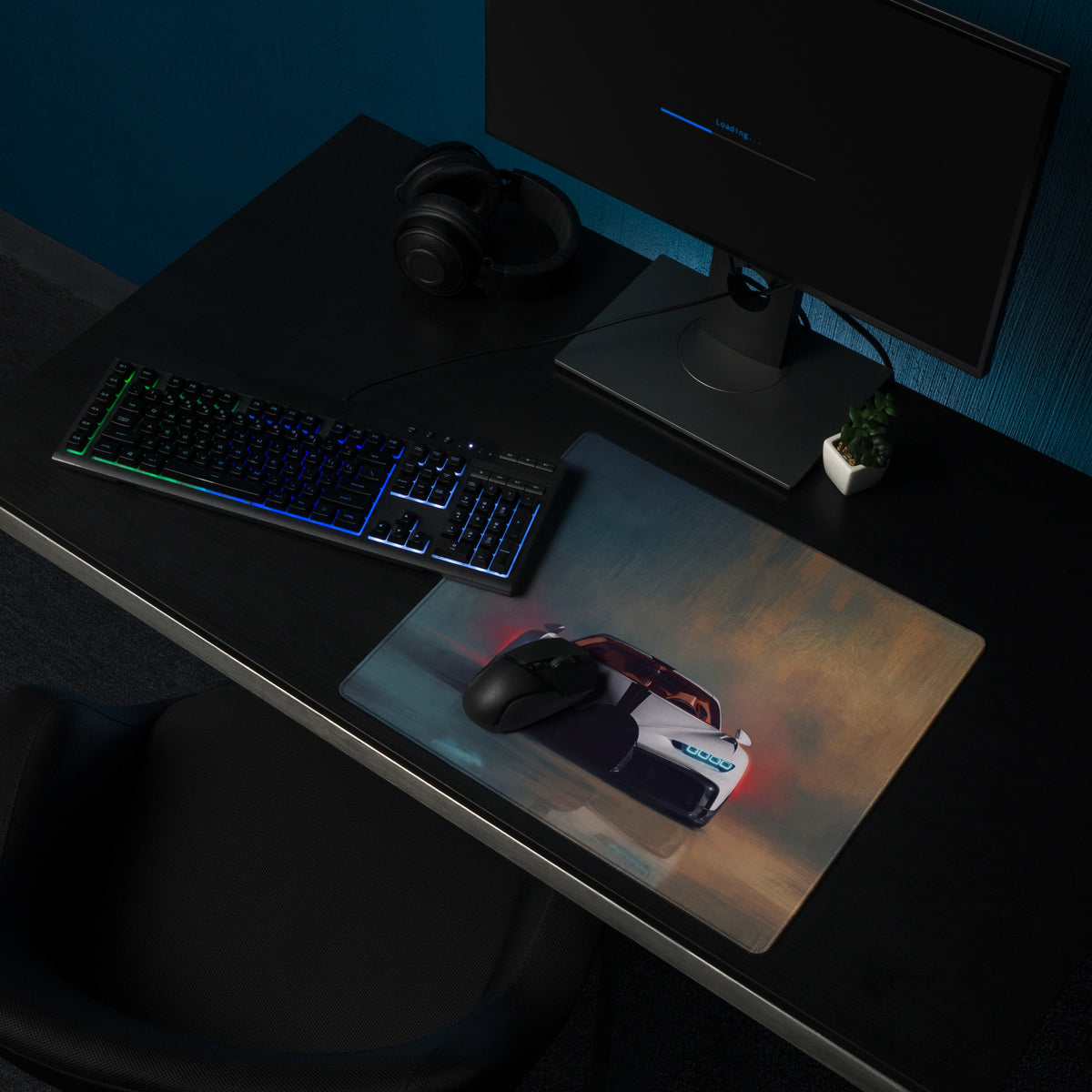 Bugatti chiron inspired pearl white extended non-slip gaming mousepad with sleek sports car print and glowing red taillights