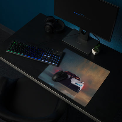 Bugatti chiron inspired pearl white extended non-slip gaming mousepad with sleek sports car print and glowing red taillights