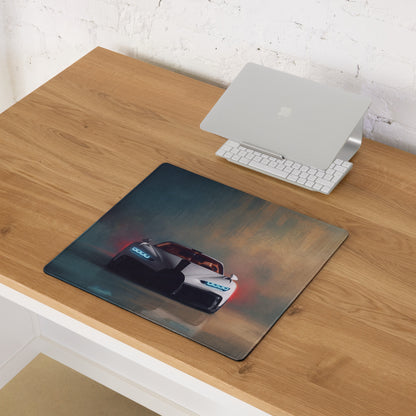 Rectangular bugatti chiron inspired pearl white desk pad with glowing blue red accents on smoky background non slip mouse mat