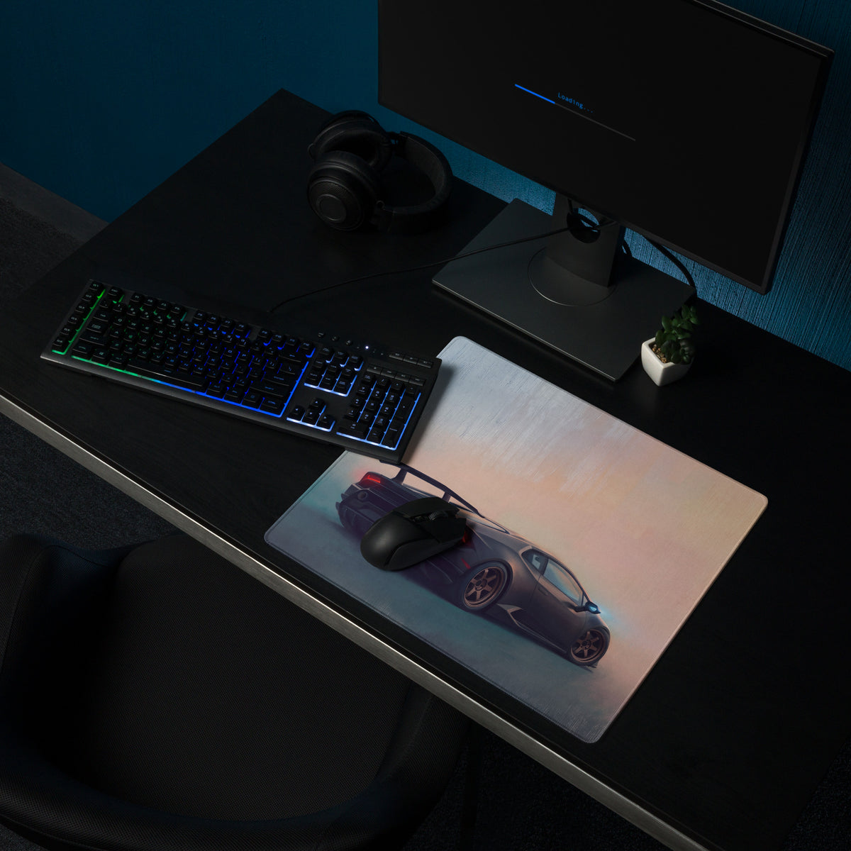A sleek rectangular xl gaming mousepad with a vibrant purple lamborghini huracán graphic and gradient sky backdrop