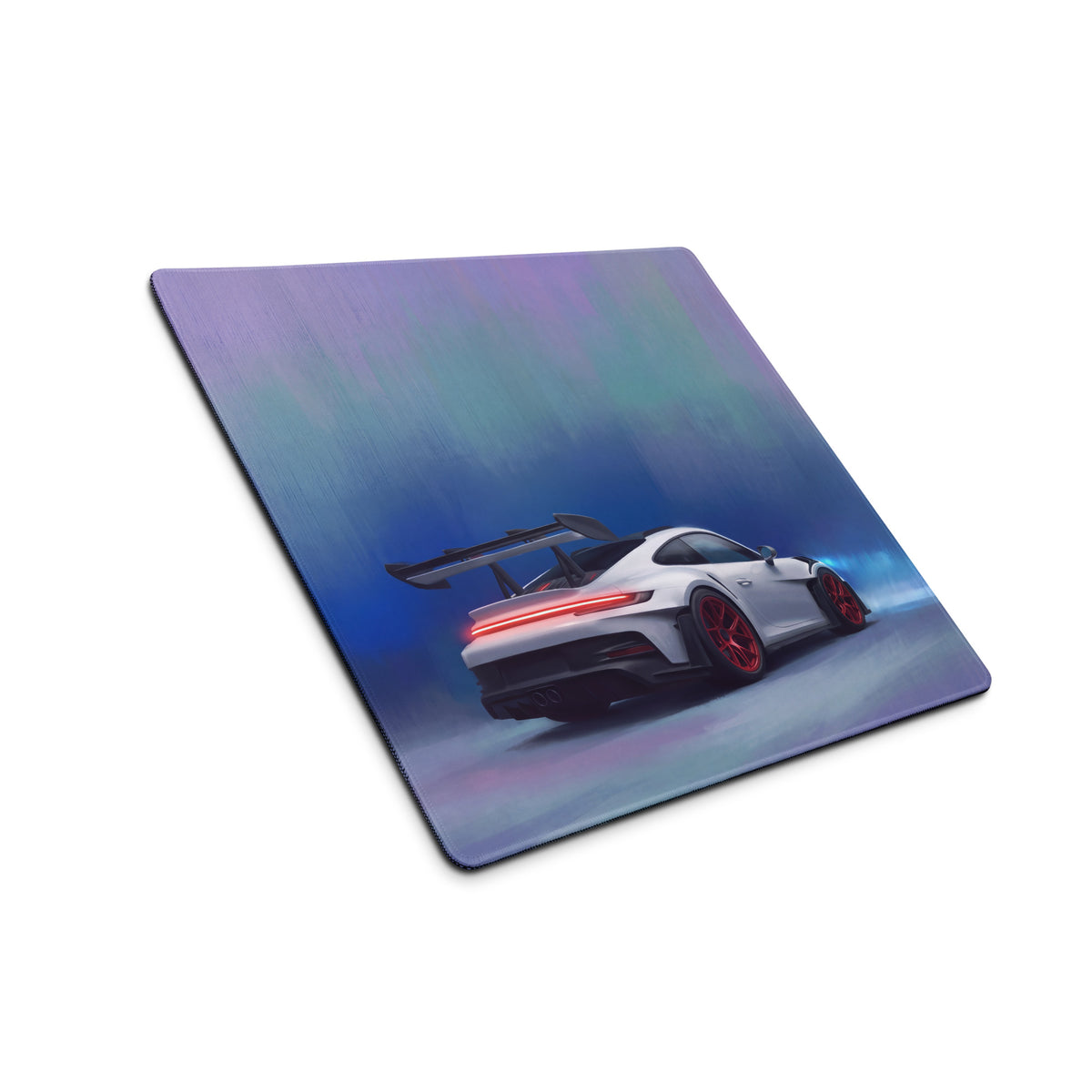 Porsche 911 gt3 rs inspired white sports car desk pad with red rims and black spoiler on aurora gradient background