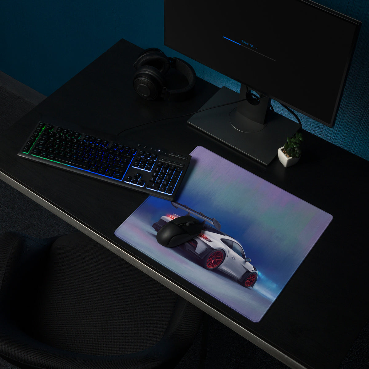 A sleek rectangular porsche 911 gt3 rs inspired gaming mousepad with red accent and vibrant white sports car graphic