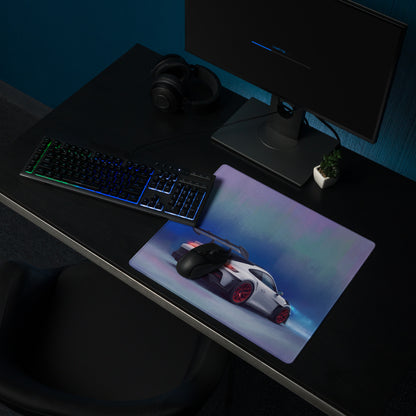 A sleek rectangular porsche 911 gt3 rs inspired gaming mousepad with red accent and vibrant white sports car graphic
