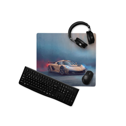 Koenigsegg Jesko inspired champagne gold low-friction cloth desk mat with gold Koenigsegg hypercar graphic on mousepad