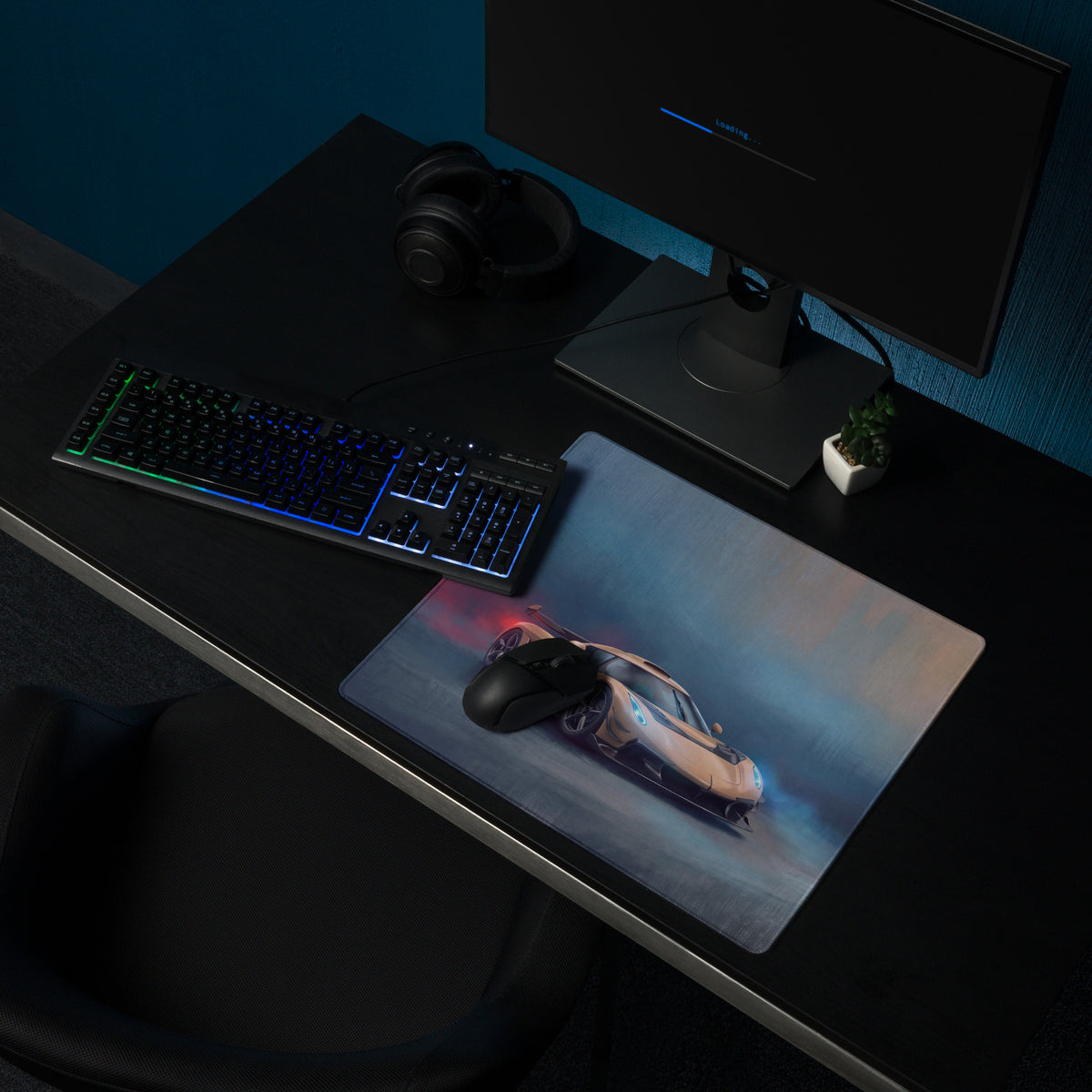 Koenigsegg jesko inspired champagne gold desk mat featuring a low-friction cloth surface with a beige sports car graphic