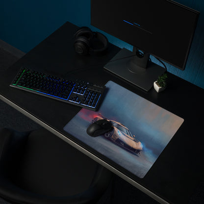 Koenigsegg jesko inspired champagne gold desk mat featuring a low-friction cloth surface with a beige sports car graphic