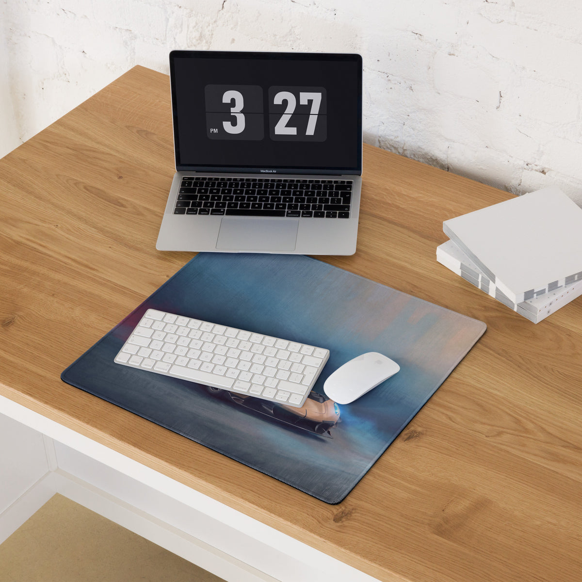 Koenigsegg jesko inspired champagne gold desk mat with a blue gradient low friction cloth featuring a futuristic vehicle
