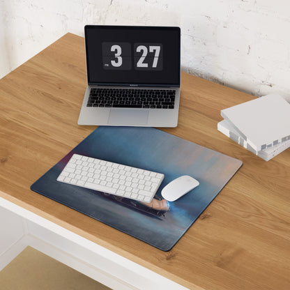 Koenigsegg jesko inspired champagne gold desk mat with a blue gradient low friction cloth featuring a futuristic vehicle