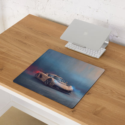 Koenigsegg Jesko inspired champagne gold low friction cloth desk mat with tan sports car and glowing blue headlights