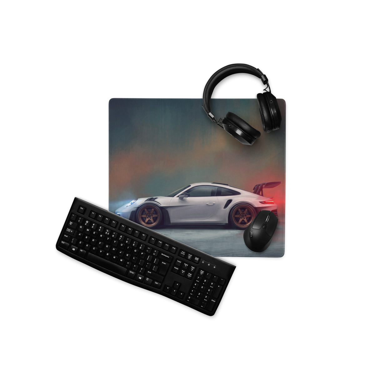 White Porsche 911 GT3 RS inspired chalk white extended non-slip desk pad with sports car graphic for PC mouse use