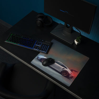 A sleek rectangular non-slip gaming mousepad featuring a white porsche 911 gt3 rs with red accents and black wheels