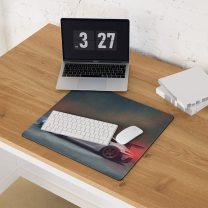 Porsche 911 GT3 RS inspired chalk white extended non-slip desk pad with high-resolution white sports car print