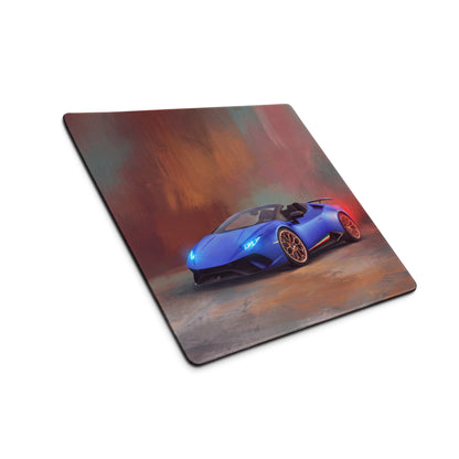 Blue lamborghini huracán spyder inspired desk pad with glowing headlights and orange wheels on a painterly background