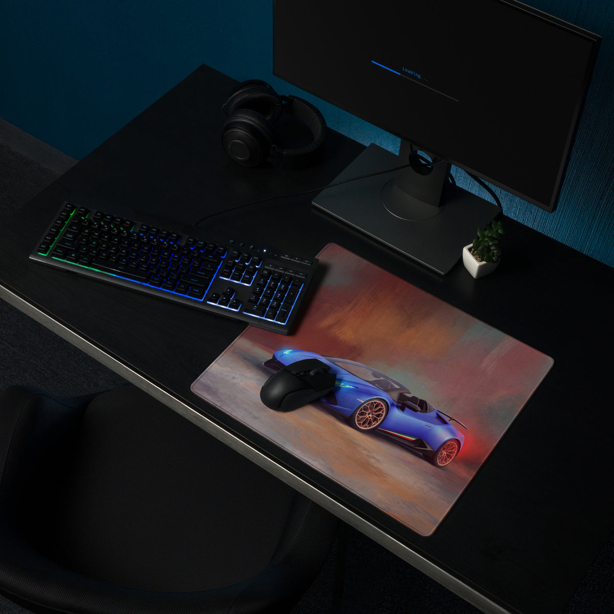 Blue Lamborghini Huracán Spyder inspired gaming mousepad with red glowing wheels ultra-glide stitched edge design