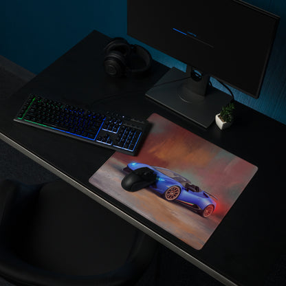 Blue Lamborghini Huracán Spyder inspired gaming mousepad with red glowing wheels ultra-glide stitched edge design
