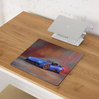 Blue lamborghini huracán spyder inspired sports car graphic printed on ultra-glide stitched edge mousepad