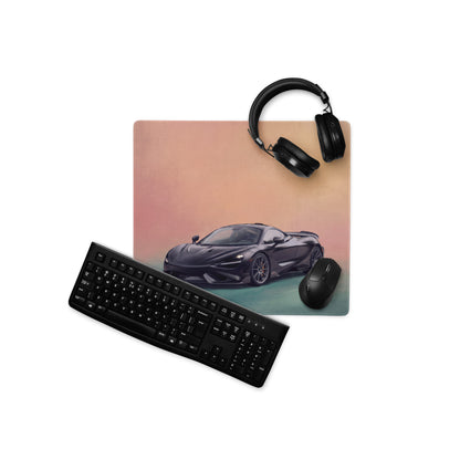 Black mclaren 765lt inspired stealth onyx desk mat with low friction cloth and sports car graphic on a rectangular mousepad