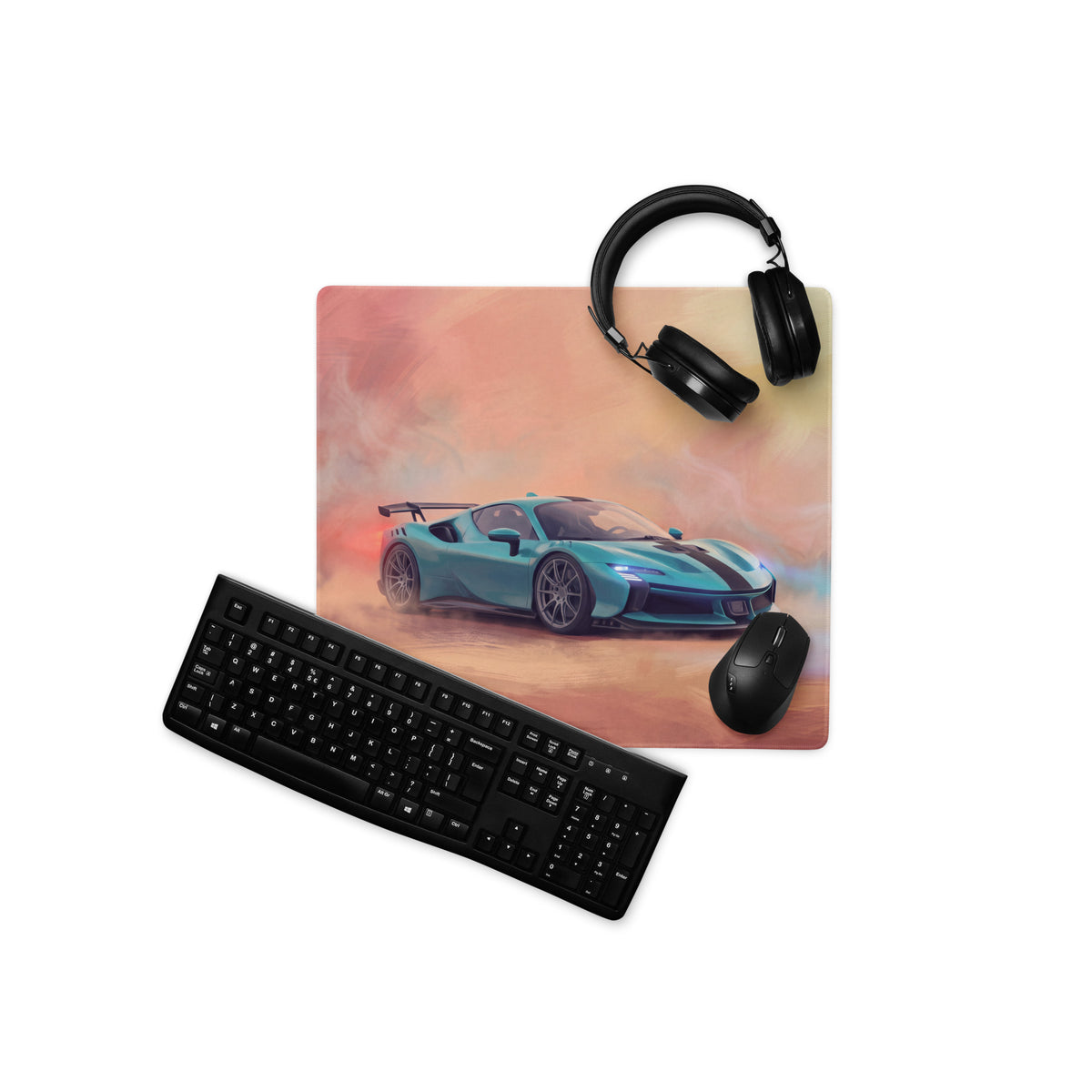 A rectangular non-slip mousepad featuring a vivid teal and black Ferrari SF90 XX inspired sports car drifting design