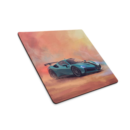 Teal ferrari sf90 xx inspired turquoise apex desk pad with soft painterly background on a rectangular non-slip mouse mat