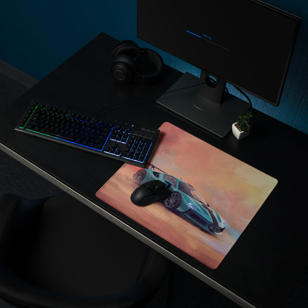 A rectangular ferrari sf90 xx inspired turquoise apex desk pad featuring a teal and black sports car on a gradient background