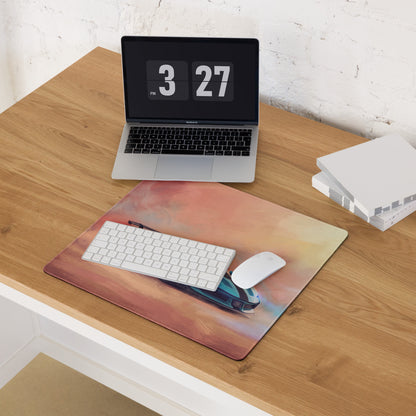 Rectangular non-slip ferrari SF90 XX inspired turquoise apex desk pad with train print on orange yellow gradient background