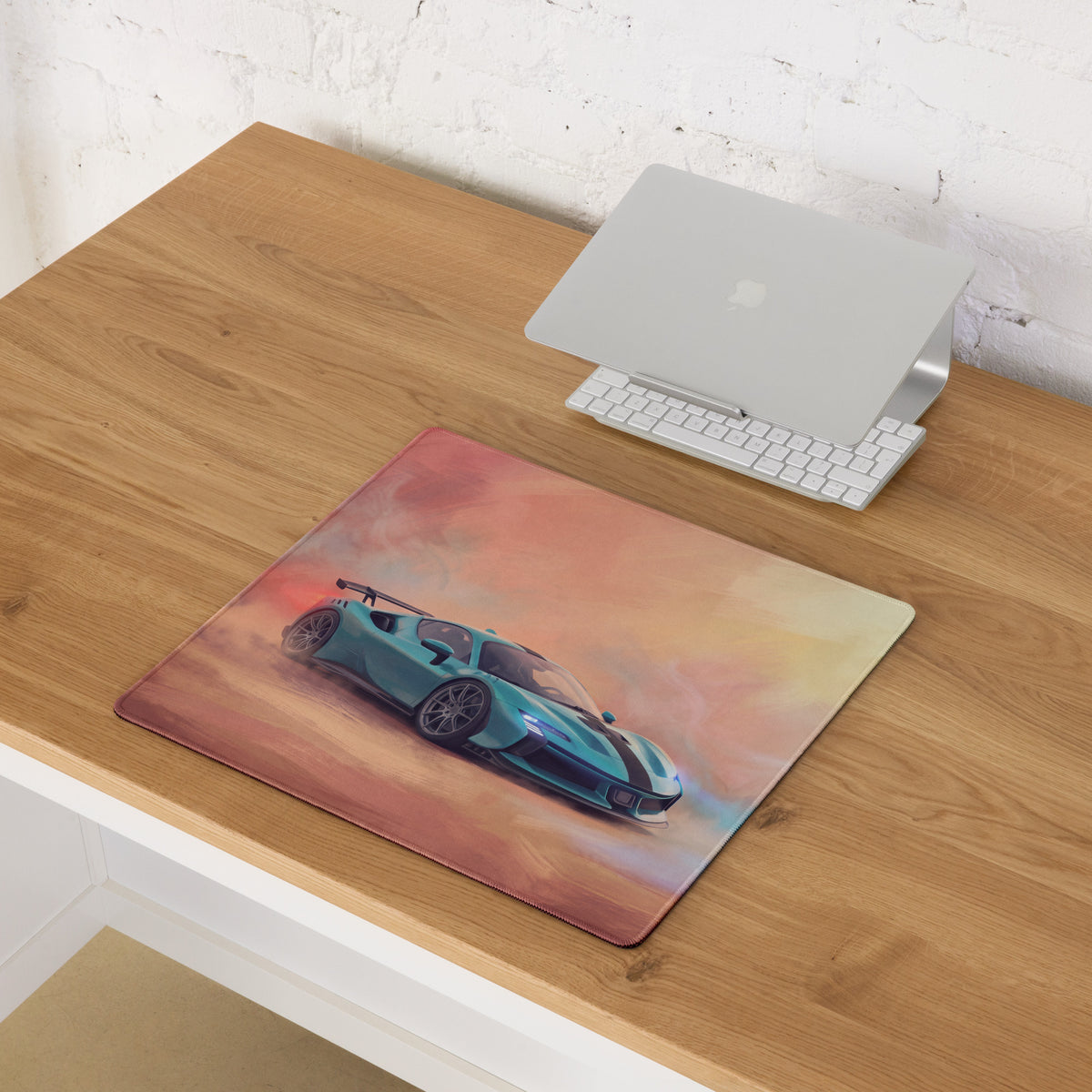 Rectangular non-slip pc mousepad featuring a vibrant teal ferrari sf90 xx sports car illustration on a warm gradient background
