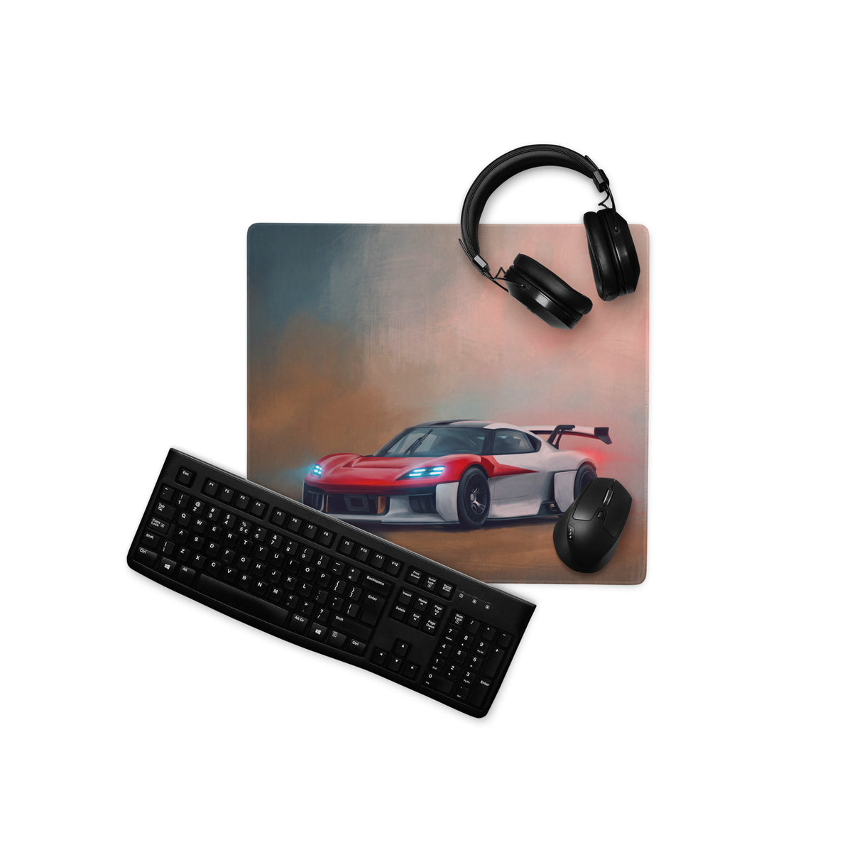 Porsche mission r inspired rosso endurance desk pad featuring a red and white racing car graphic on a non-slip surface
