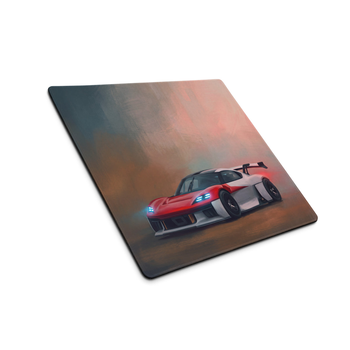 Porsche mission r inspired rosso endurance desk pad with red and white racing car graphic on a matte finish mousepad