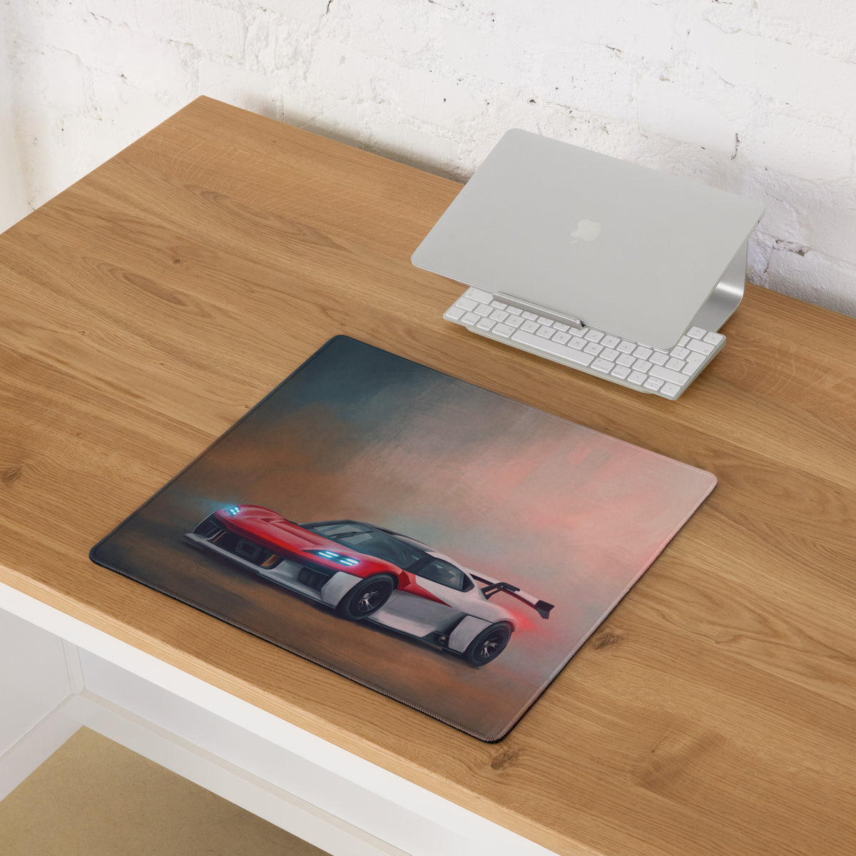 Rectangular porsche mission r inspired rosso endurance desk pad with red silver sports car and blue headlights design