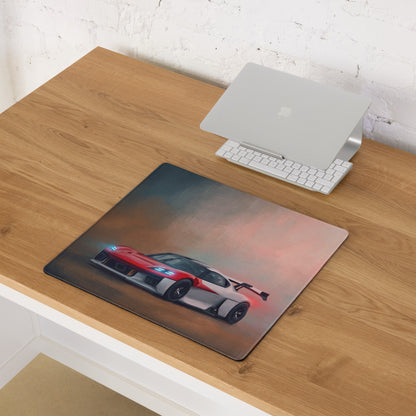 Rectangular porsche mission r inspired rosso endurance desk pad with red silver sports car and blue headlights design
