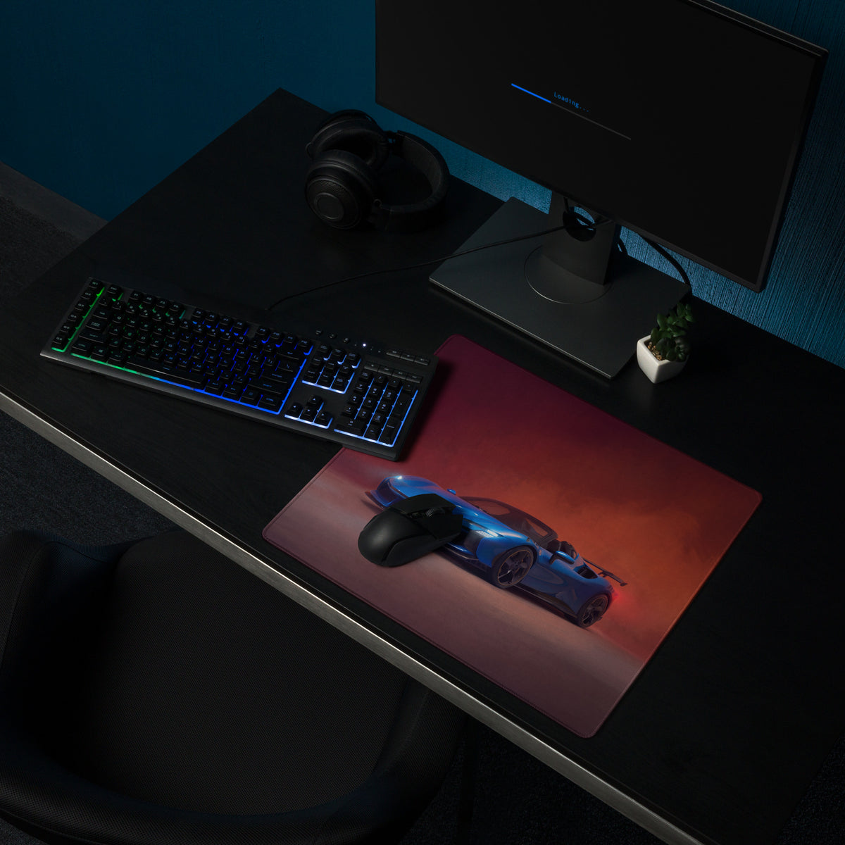 Ferrari sf90 xx inspired corsa blue desk mat featuring a blue sports car graphic on red and orange gradient background