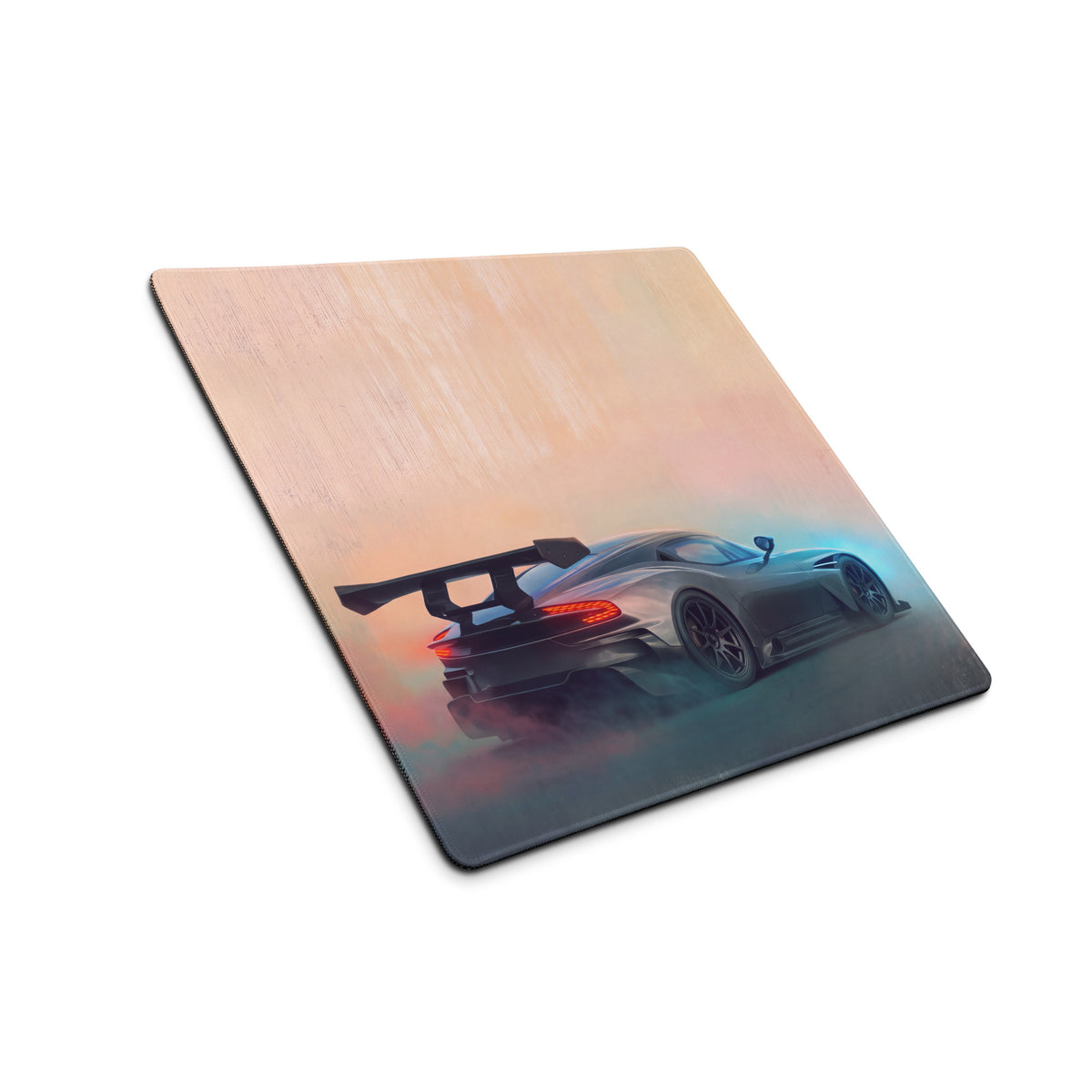 Aston Martin Vulcan inspired gunmetal rectangular mousepad with vibrant black sports car illustration and stitched edges