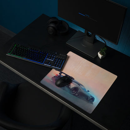 Aston Martin Vulcan inspired gunmetal apex desk pad with ultra-glide stitched edge featuring silver sports car graphic