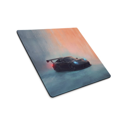 Black porsche 911 gt3 inspired stealth shadow low-friction cloth mousepad with glowing headlights and taillights design