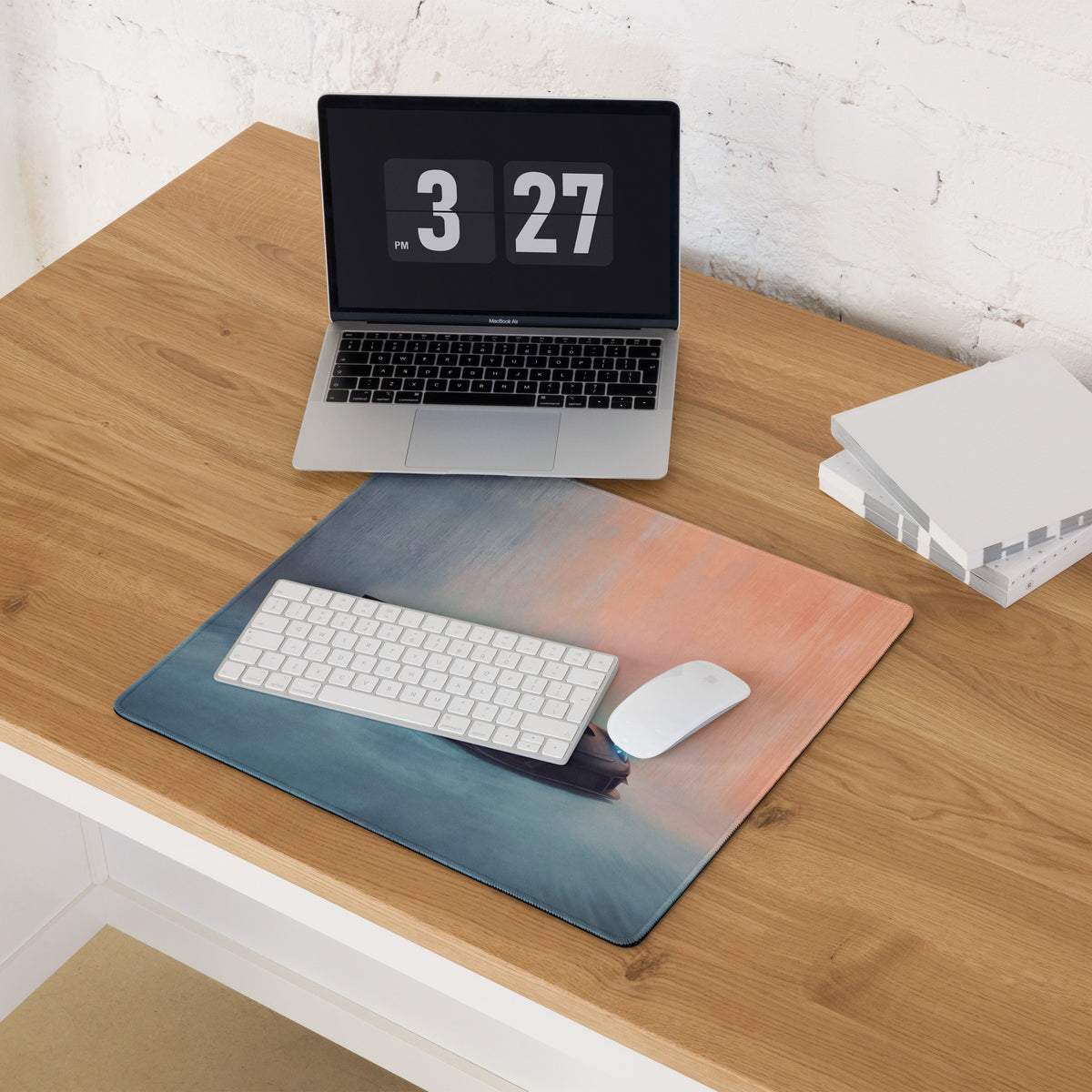 Porsche 911 GT3 inspired stealth shadow desk mat low friction cloth mousepad with blue to peach gradient and abstract landscape