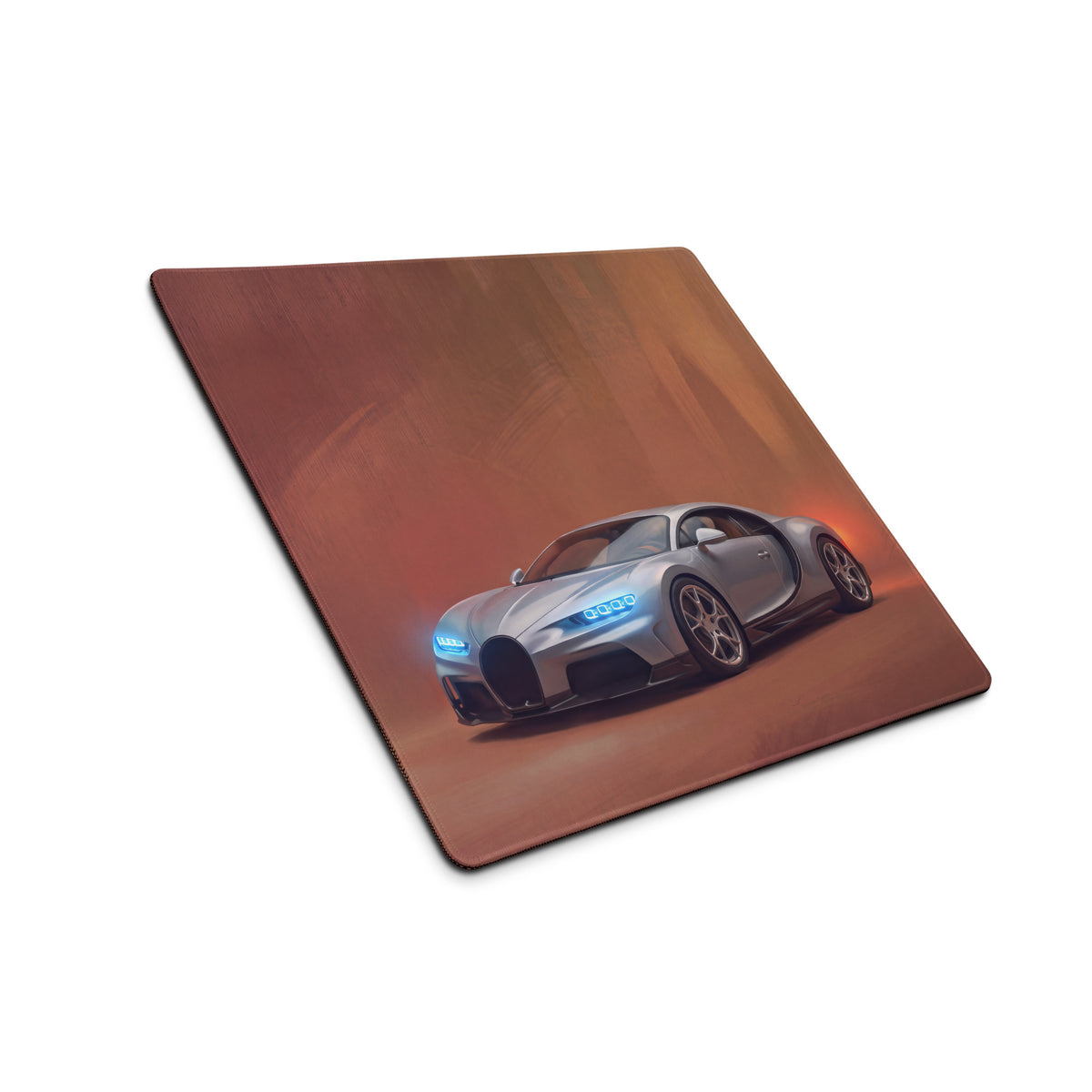 Bugatti Chiron inspired silver sports car graphic on a warm brown gradient xl gaming desk mat mousepad