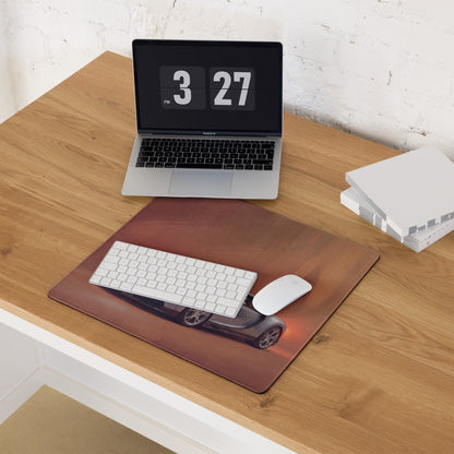 Brown leather-like bugatti chiron inspired silver horizon desk mat with black sports car and glowing orange headlights