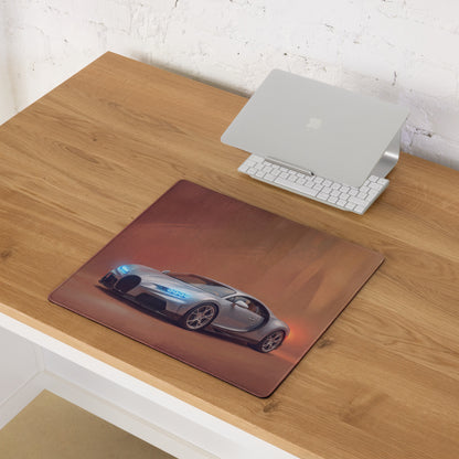 A rectangular brown leather-like bugatti chiron inspired desk mat with a silver car graphic and blue glowing headlights