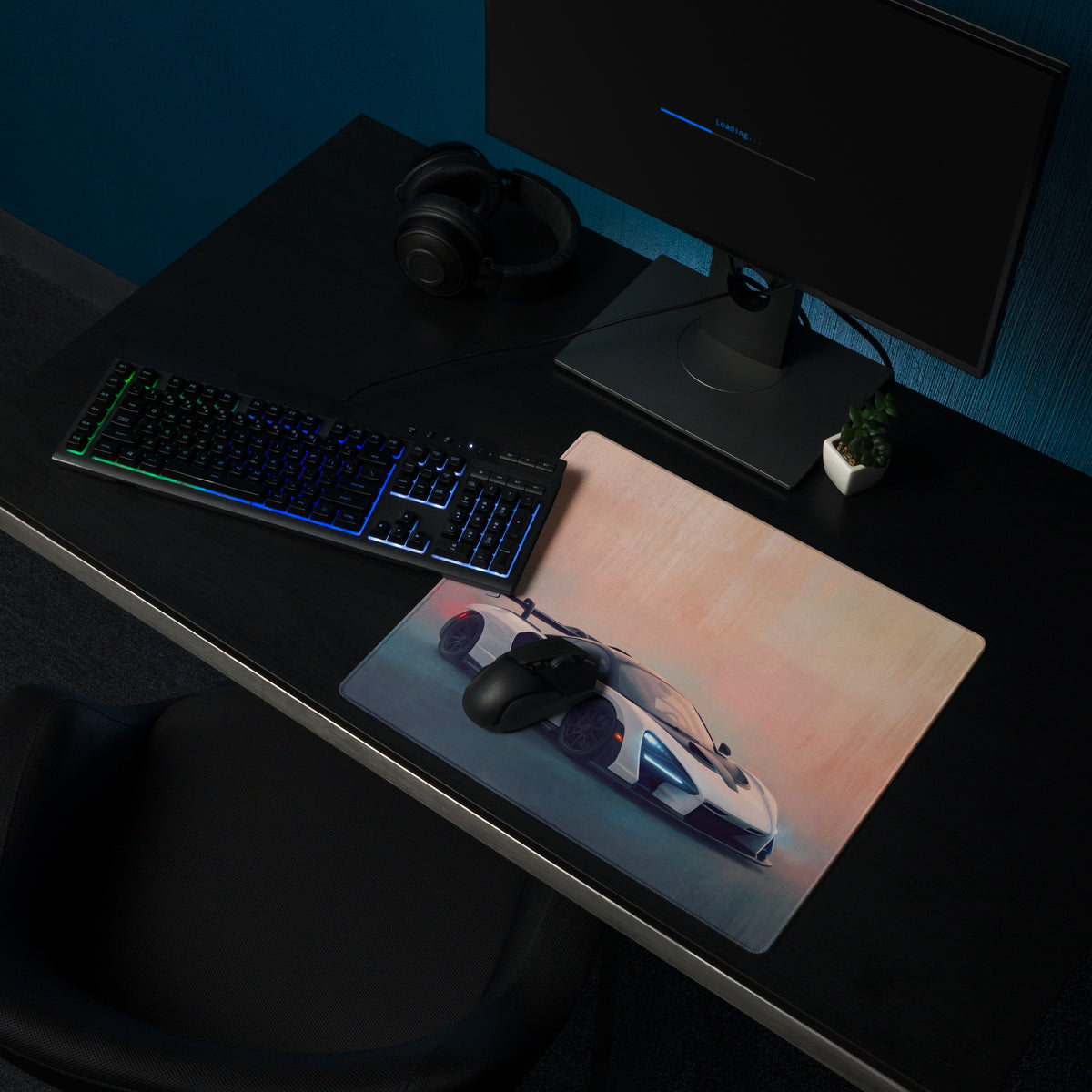 A sleek rectangular McLaren Senna inspired pure white gaming mousepad with a detailed white and blue futuristic car graphic