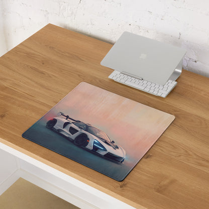 A rectangular mclaren senna inspired pure white desk pad with ultra-glide stitched edge and sunset sports car design