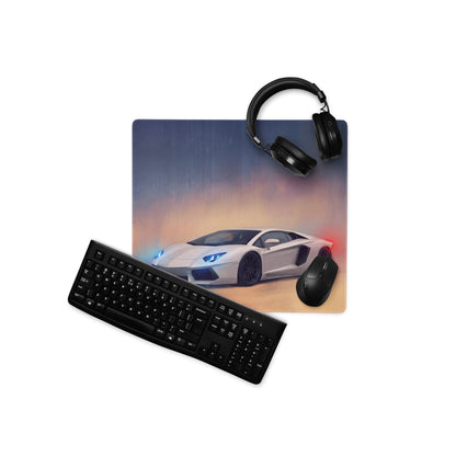 Lamborghini aventador inspired pearl white extended desk pad featuring white aventador sports car graphic print