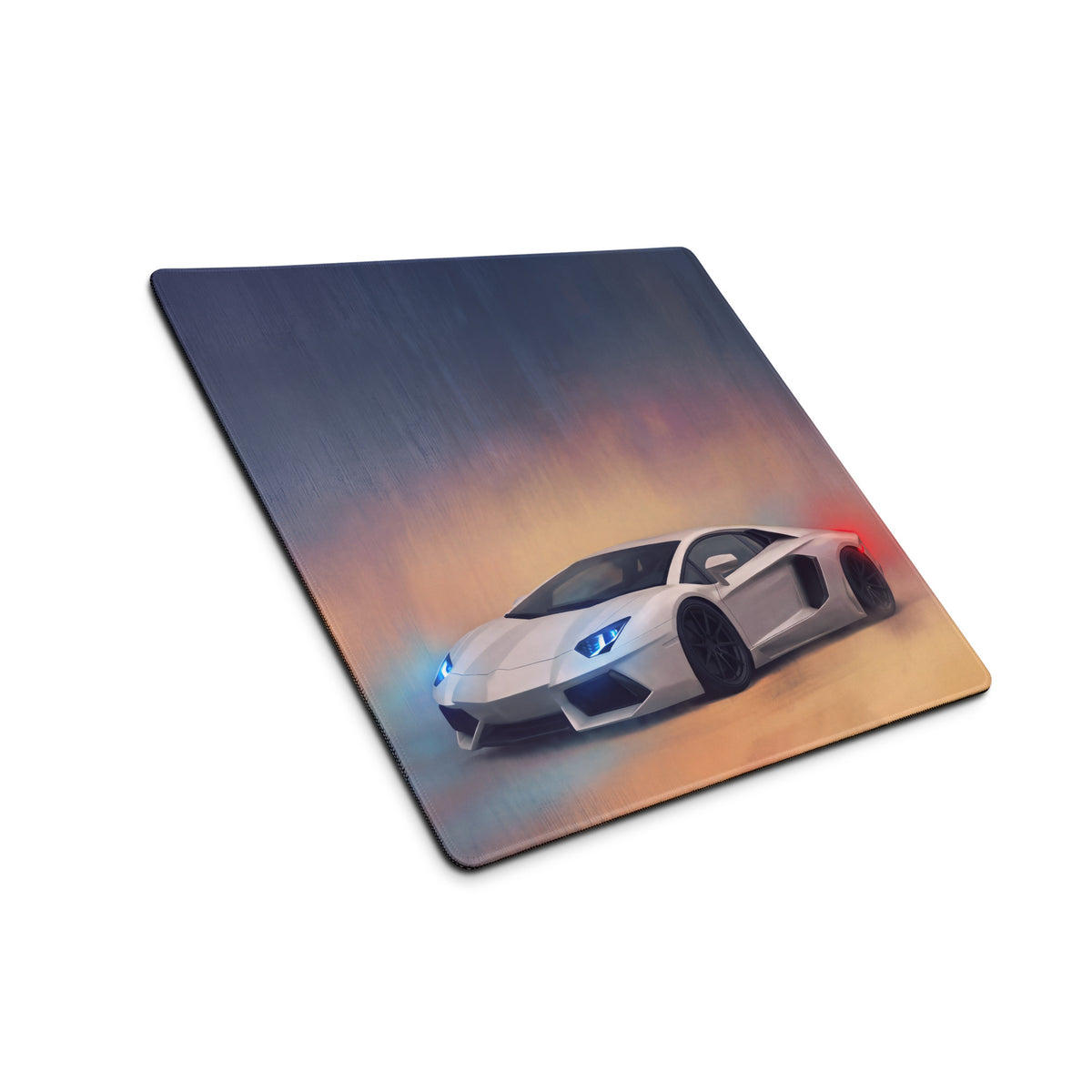 Lamborghini aventador inspired pearl white extended desk pad with white sports car graphic and gradient sky background