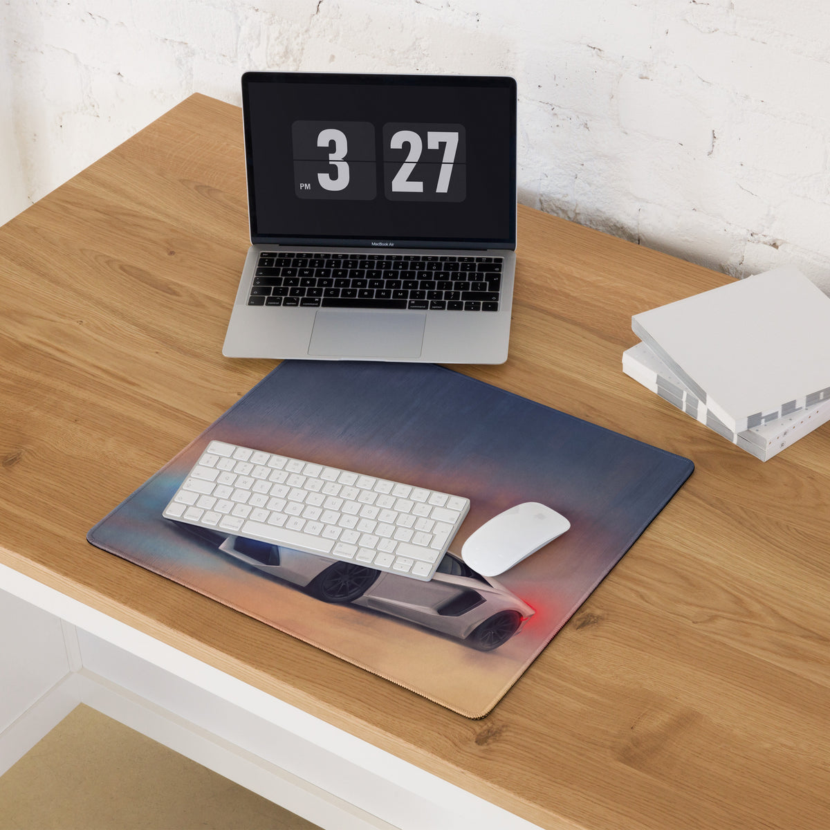 Lamborghini Aventador inspired pearl white extended non slip mousepad with silver sports car and red taillights print
