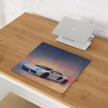 Lamborghini Aventador inspired pearl white rectangular desk pad with glowing blue and red sports car graphic and non slip base